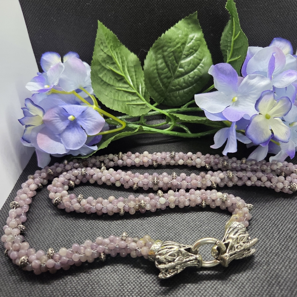 Amethyst Beaded Necklace With Double Dragon Heads Silver Closure